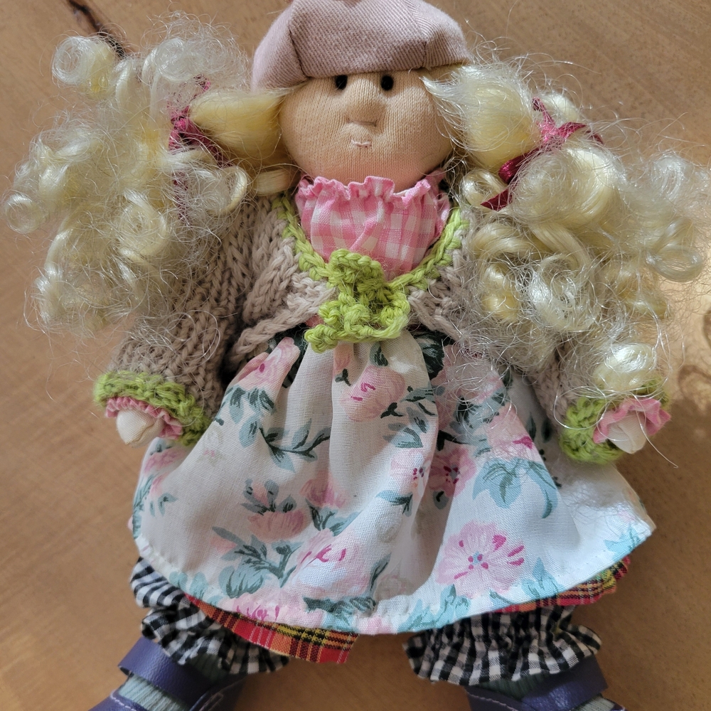 Handcrafted Floral Doll with Blonde Curls